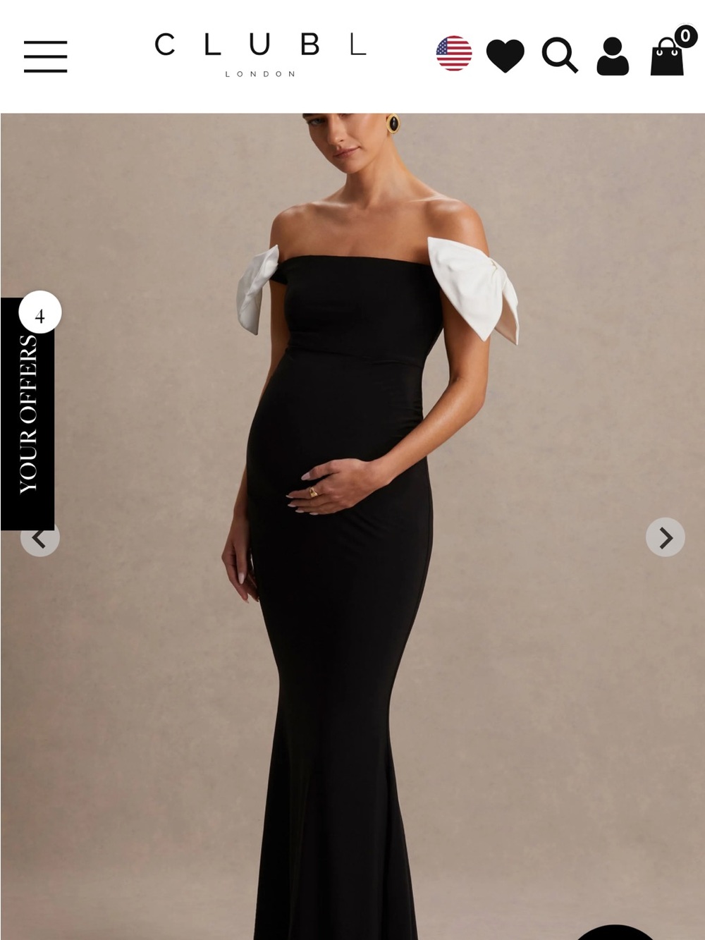 Club L London Black Strapless Maternity Gown with White Bow Sleeves